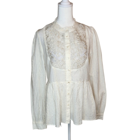 NEW Floreat Anthropologie Embroidered Mock Neck Button Down Top Ivory Gold  6 - Picture 1 of 10